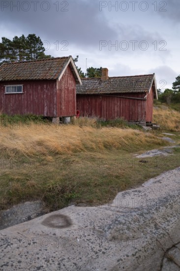 Falun red or Swedish red boathouses by the sea, Resö Island, Bohuslän, Skagerrak, Sotenäs, Västra Götalands län, Sweden