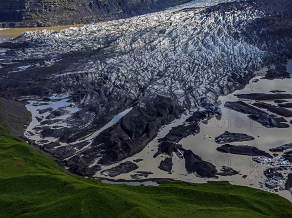 Ice floes, glacier, glacier tongue, glacier lake, sunny, cloudy, morning mood, mountains, reflection, aerial view, summer, Svinavellsjökull, Skaftafell, Vatnajökull National Park, Iceland