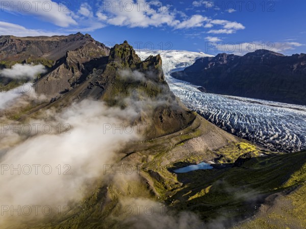 Glacier, glacier tongue, sunny, morning mood, mountains, fog, aerial view, summer, Kviarjökull, Vatnajökull, Iceland