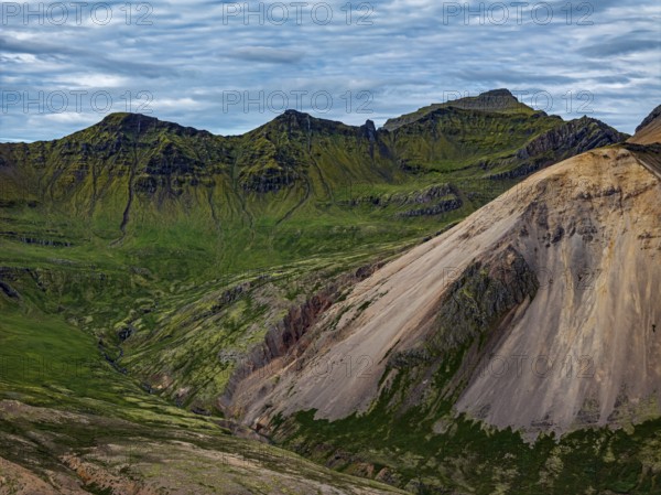 Mountains, coast, summer, aerial view, morning light, volcanic, cloudy, Faskrudsfjördur, East Fjords, Iceland