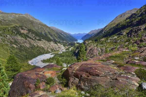 Hiking area above the Faggenbach in the Kaunertal, in the background the Kaunertal reservoir, in the area of the Gepatsch Glacier in the Ötztal Alps, Tyrol, Austria