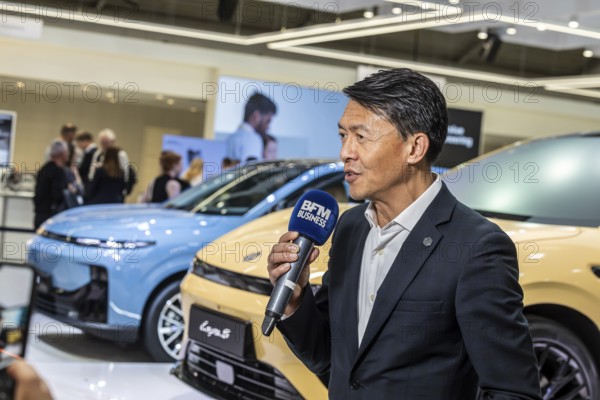 Tianshu Xin, CEO Leapmotor International. Exhibition stand of the Chinese manufacturer Leapmotor. IAA MOBILITY in Munich. The motor show presents itself as a holistic mobility trade fair. Cars continue to take centre stage, however, and Chinese manufacturers are gaining ground. Munich, Bavaria, Germany