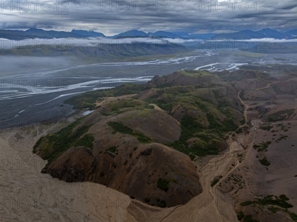 River, river course, river delta, mountains, clouds, summer, aerial view, Hvannagil, south-east Iceland, Iceland