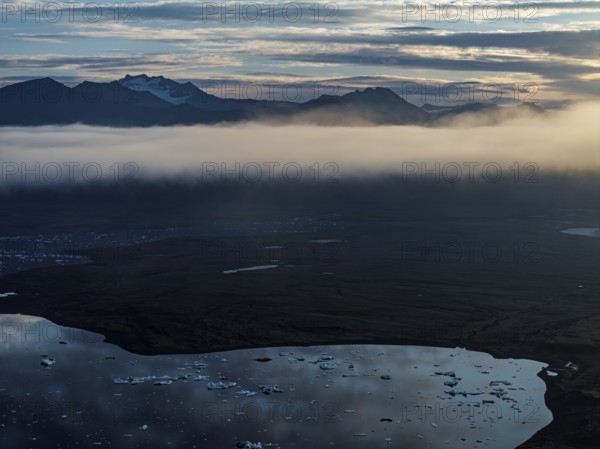 Ice floes, glacier, glacier tongue, fog, clouds, morning mood, mountains, reflection, aerial view, summer, glacier lagoon, Jökulsarlon, Vatnajökull, Iceland