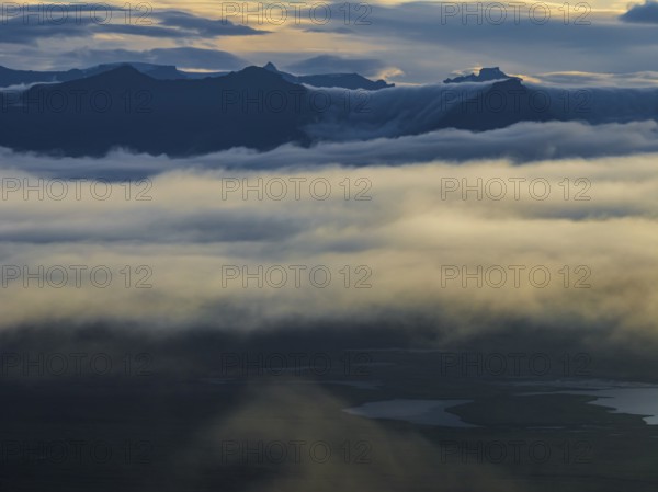 Fog, clouds, morning mood, mountains, aerial view, summer, Höfn, Iceland