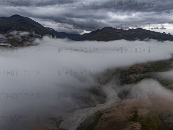 River, river course, river delta, mountains, clouds, canyon, gorge, summer, aerial view, Hvannagil, south-east Iceland, Iceland