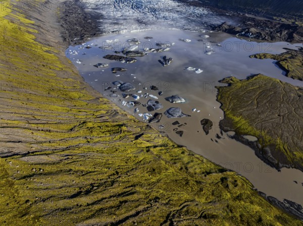 Ice floes, glacier, glacier tongue, glacier lake, sunny, morning mood, mountains, reflection, aerial view, summer, Kviarjökull, Vatnajökull, Iceland