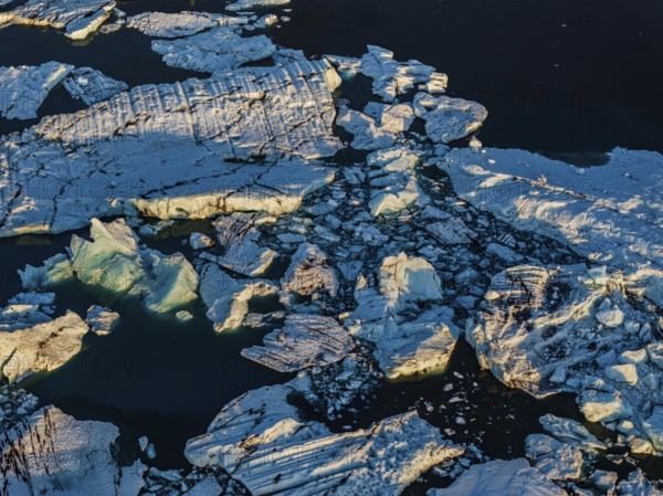 Ice floes, morning mood, reflection, aerial view, summer, glacier lagoon, Jökulsarlon, Vatnajökull, Iceland