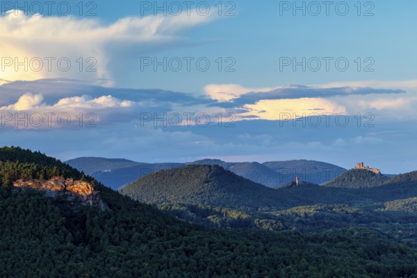 View of Trifels Castle and Anebos Castle, mixed forest, Annweiler, Pfläzerwald, Rhineland-Palatinate, Germany