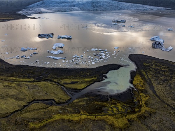 Icebergs, ice floes, glacial lake, glacier, summer, evening mood, aerial view, Fjallsjökull, Vatnajökull National Park, Iceland