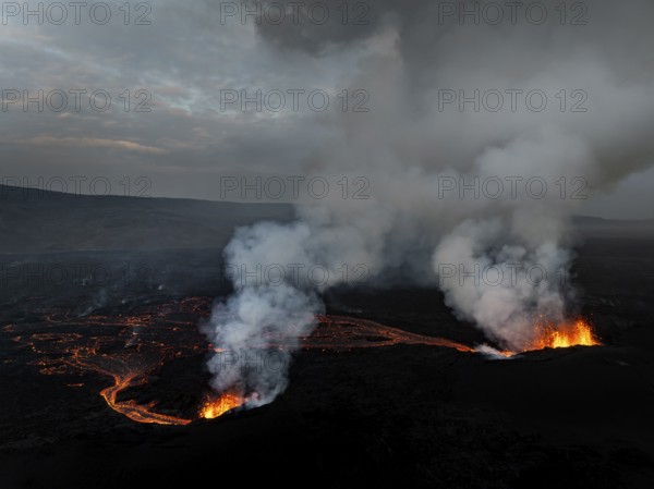 Lava, volcanic eruption, volcano, ash cloud, aerial view, Sundhnúkur crater chain, July 2025, Reykjanes Peninsula, Iceland
