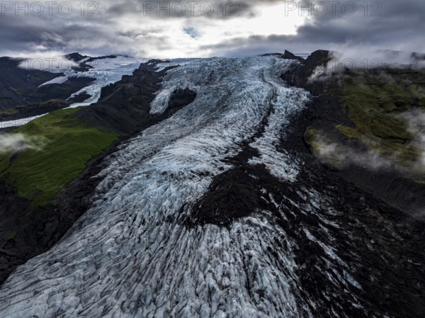 Glacier, glacier tongue, mountains, cloudy, summer, aerial view, Fjalljökull, Skaftafell, Iceland