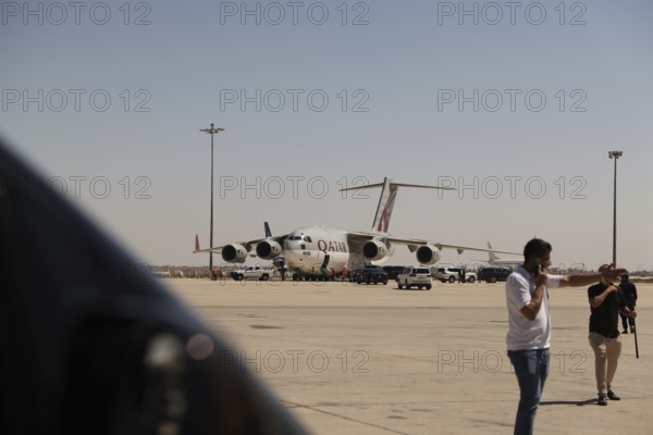 A Qatari plane carrying humanitarian and medical aid arrives at Damascus International Airport as part of Qatar's air and land relief bridge to support the Syrian people during the recovery phase, Damascus, Damascus, Syria