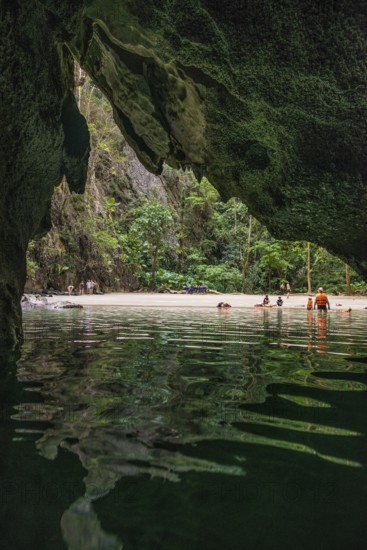 Sandy beach beach with cave in the rainforest, Emerald Cave, Koh Mook, Trang Province, Southern Thailand, Andaman Sea, Thailand