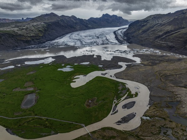 Glacier, glacier tongue, glacier lake, mountains, cloudy, aerial view, panorama, summer, Skaftafellsjökull, Skaftafell, Iceland