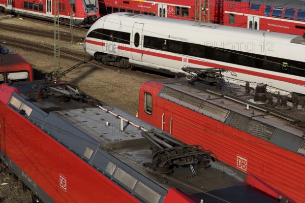 Elevated view of several local trains and an ICE train, Frankfurt am Main, Hesse, Germany