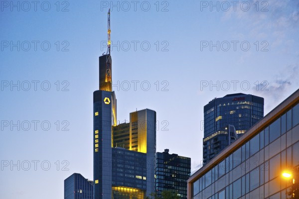 Commerzbank Tower in the evening, Frankfurt am Main, Hesse, Germany