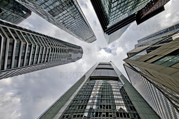 Frog's-eye view of the skyscrapers in the banking district, Four Frankfurt, Frankfurt am Main, Hesse, Germany