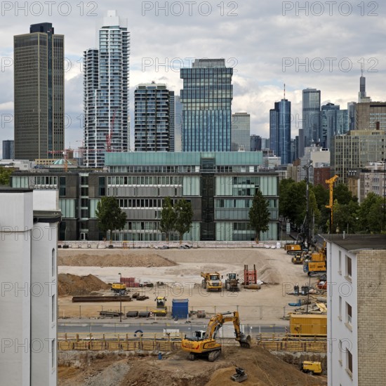 View from a roof at the Galluswarte on the construction site on the old FAZ area and the skyscrapers of Frankfurt am Main, Hesse, Germany