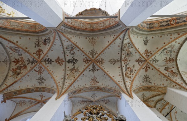 Vault, star vault, cross-ribbed vault, six-part, St Mary's Church, also known as St Mary's Church, basilica, late Gothic, three naves with transept, first mentioned in 1298, 104 metre high church tower with view, Neuer Markt, Old Town, UNESCO World Heritage Site, Hanseatic City of Stralsund, Mecklenburg-Western Pomerania, Germany