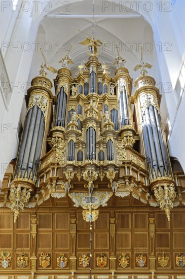 Stellwagen organ, built 1653-1659 by Friedrich Stellwagen, Baroque, St. Mary's Church, also known as Marienkirche, basilica, late Gothic, three naves with transept, first mentioned in 1298, 104 metre high church tower with view, Neuer Markt, Old Town, UNESCO World Heritage Site, Hanseatic City of Stralsund, Mecklenburg-Western Pomerania, Germany