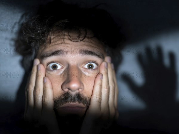 A close-up of a man whose face is marked by fear, symbolising anxiety disorders, panic attacks, mental illness, AI generated, AI generated