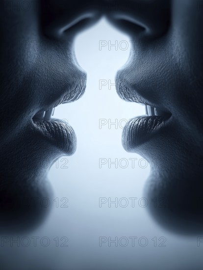 Symmetrical arrangement of two pairs of lips coming close together creates a feeling of intimacy, AI generated, AI generated