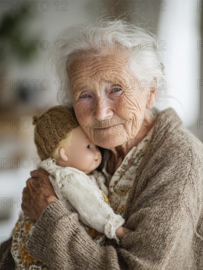 An elderly woman lovingly holds a doll in her arms, which radiates an emotional connection and calm, symbolic image for geriatric care, need for care, need for protection, nursing home, nursing staff, care, geriatric care, dementia, Alzheimer's, loneliness, isolation, loss, old age, AI generated
