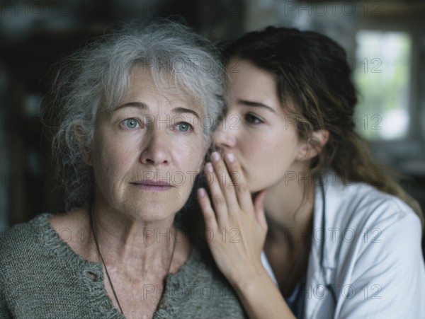 A young carer lovingly looks after a senior citizen in a nursing home, nursing home, symbolic image for elderly care, need for care, need for protection, nursing home, nursing staff, care, care for the elderly, dementia, Alzheimer's, loneliness, isolation, loss, old age, AI generated