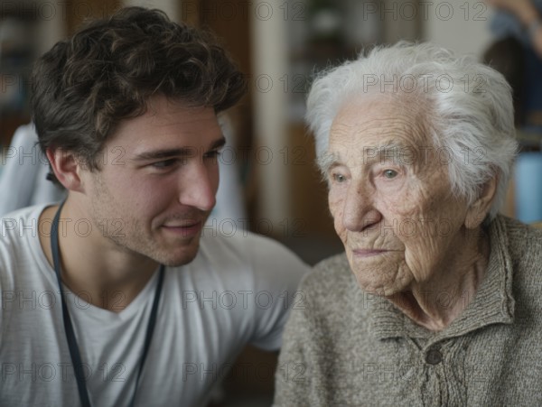 A young carer lovingly looks after a senior in an old people's home, nursing home, symbolic image for care for the elderly, need for care, need for protection, nursing home, nursing staff, care, care for the elderly, dementia, Alzheimer's, loneliness, isolation, loss, old age, AI generated