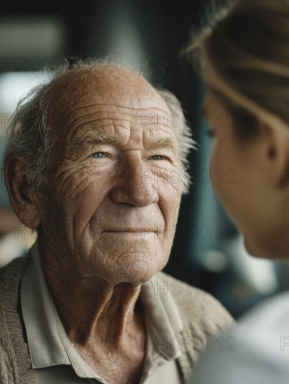 A young carer lovingly looks after a senior in a retirement home, nursing home, symbolic image for elderly care, need for care, need for protection, nursing home, nursing staff, care, care for the elderly, dementia, Alzheimer's, loneliness, isolation, loss, old age, AI generated