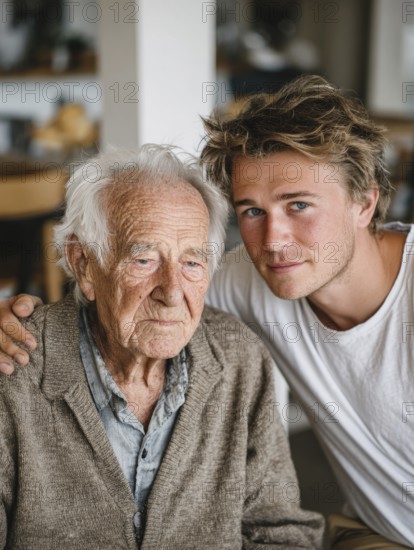 A young carer lovingly looks after a senior in an old people's home, nursing home, symbolic image for care for the elderly, need for care, need for protection, nursing home, nursing staff, care, care for the elderly, dementia, Alzheimer's, loneliness, isolation, loss, old age, AI generated