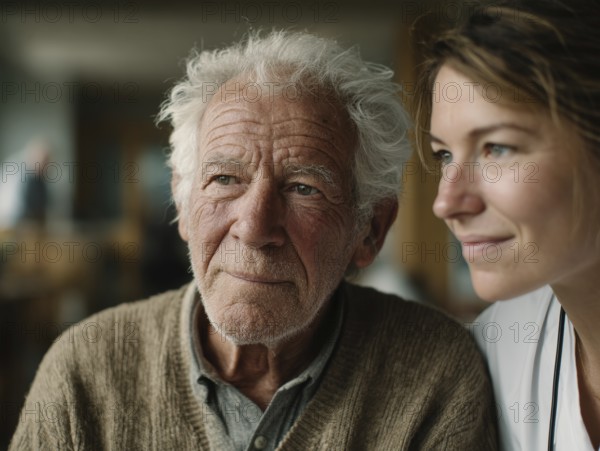 A young carer lovingly looks after a senior in a retirement home, nursing home, symbolic image for elderly care, need for care, need for protection, nursing home, nursing staff, care, care for the elderly, dementia, Alzheimer's, loneliness, isolation, loss, old age, AI generated