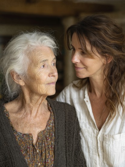 A young carer lovingly looks after a senior citizen in a nursing home, nursing home, symbolic image for elderly care, need for care, need for protection, nursing home, nursing staff, care, care for the elderly, dementia, Alzheimer's, loneliness, isolation, loss, old age, AI generated
