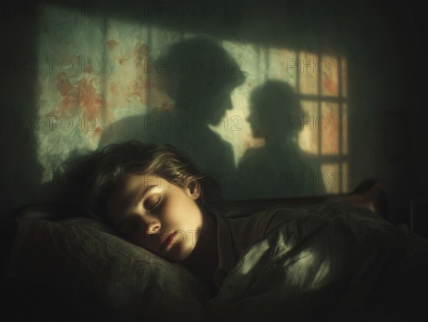 Sleeping woman with mystical shadow silhouettes in the background, symbolic image for sleep, event management, dream, mental activity during sleep, AI generated, AI generated