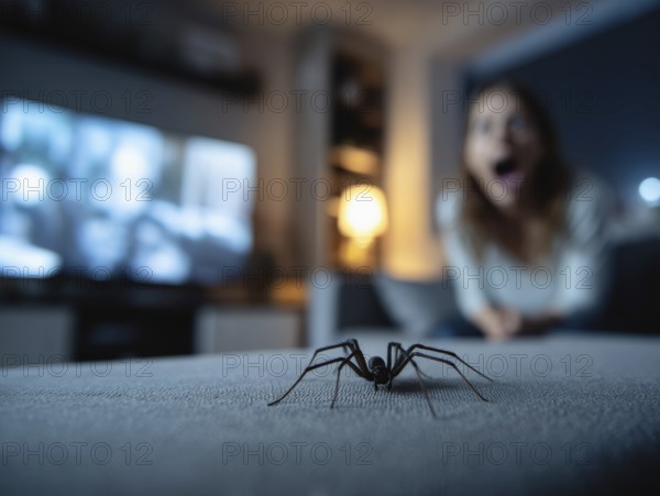 A spider on a table in the foreground, woman in the background visibly shocked, symbolic image for spider fear, arachnophobia, AI generated, AI generated