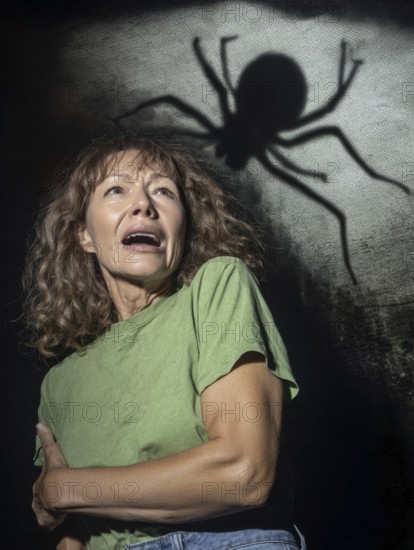 A woman is frightened by a large spider shadow, symbolising spider fear, arachnophobia, AI generated, AI generated