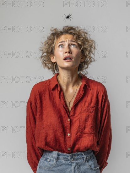 A woman looks in horror at a spider dangling from the ceiling, symbolising spider fear, arachnophobia, AI generated, AI generated