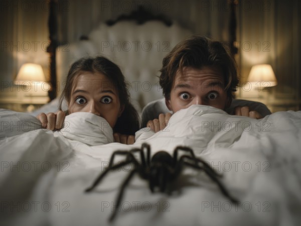 Two people in bed looking frightened at a spider crawling across the bedspread, symbolic image for spider fear, arachnophobia, AI generated, AI generated