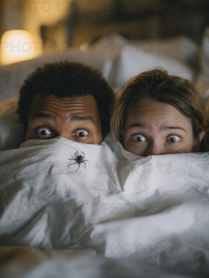 Two people in bed looking frightened at a spider crawling across the bedspread, symbolic image for spider fear, arachnophobia, AI generated, AI generated