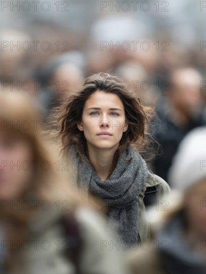 A woman stands in the middle of a crowd, symbolising mental health, stress in the big city, loneliness, social isolation, personal development, AI generated, AI generated