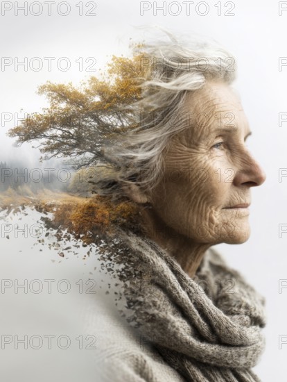 Double exposure of an elderly woman and decaying parts of a landscape, symbolic image for memory loss, loss of identity, dementia, Alzheimer's, thoughtfulness, mental health, loss, ageing, fragility, old age depression, depression, AI generated