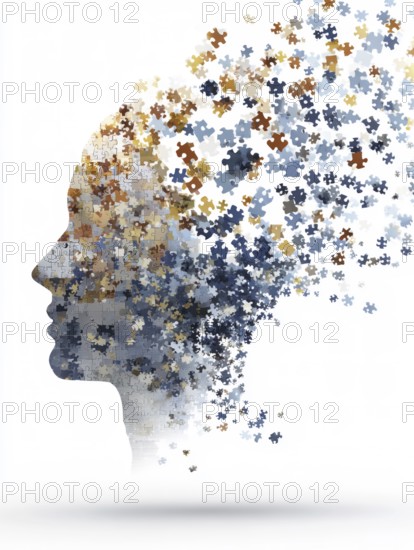 Illustration, graphic of a face made of puzzle pieces that spread out, symbolic image for dementia, Alzheimer's, loss of cognitive emotional and social skills, personality decline, AI generated