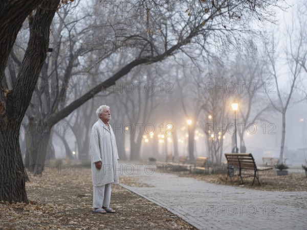 An elderly man in pyjamas stands in a cold, wintry environment, looking confused, helpless and disorientated, symbolising dementia, Alzheimer's, AI generated