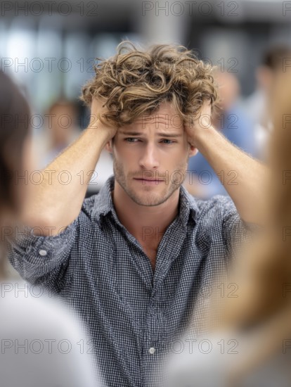 A young man with his hands to his ears, annoyed by an argument or noise in the background, symbolising noise, conflict, argument, bullying, annoyance, excessive demands, harassment in the office, AI generated