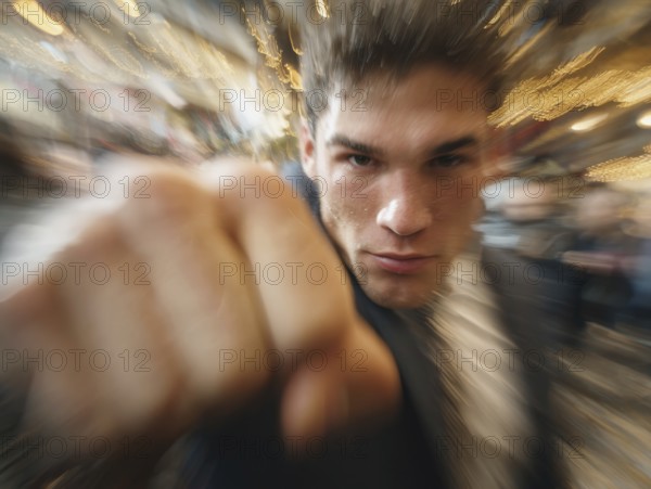 A man shows an outstretched fist to the camera while the background blurs into motion, symbolic image for physical altercation in public, use of force, physical violence, act of violence, aggressive behaviour, brawl, AI generated