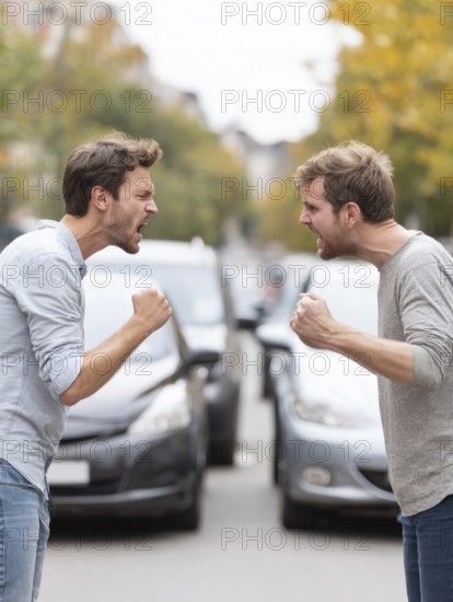 Two angry men arguing in the street, possibly triggered by a road traffic incident, symbolic image for aggressive behaviour in road traffic, AI generated
