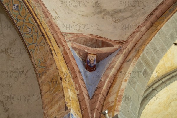 Compains, carved capital, Saint Georges church, Auvergne Volcanoes Regional Park, Cezallier region, Puy de Dome, Auvergne Rhone Alpes, France