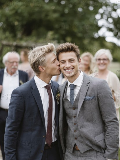 A male couple in a suit, one kissing the other on the cheek, surrounded by guests outdoors, symbolising same-sex marriage, love, LGBTQ, AI generated, AI generated