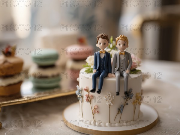 Wedding cake with male bride and groom topper and floral decoration, symbolic image for same-sex marriage, love, LGBTQ, AI generated, AI generated